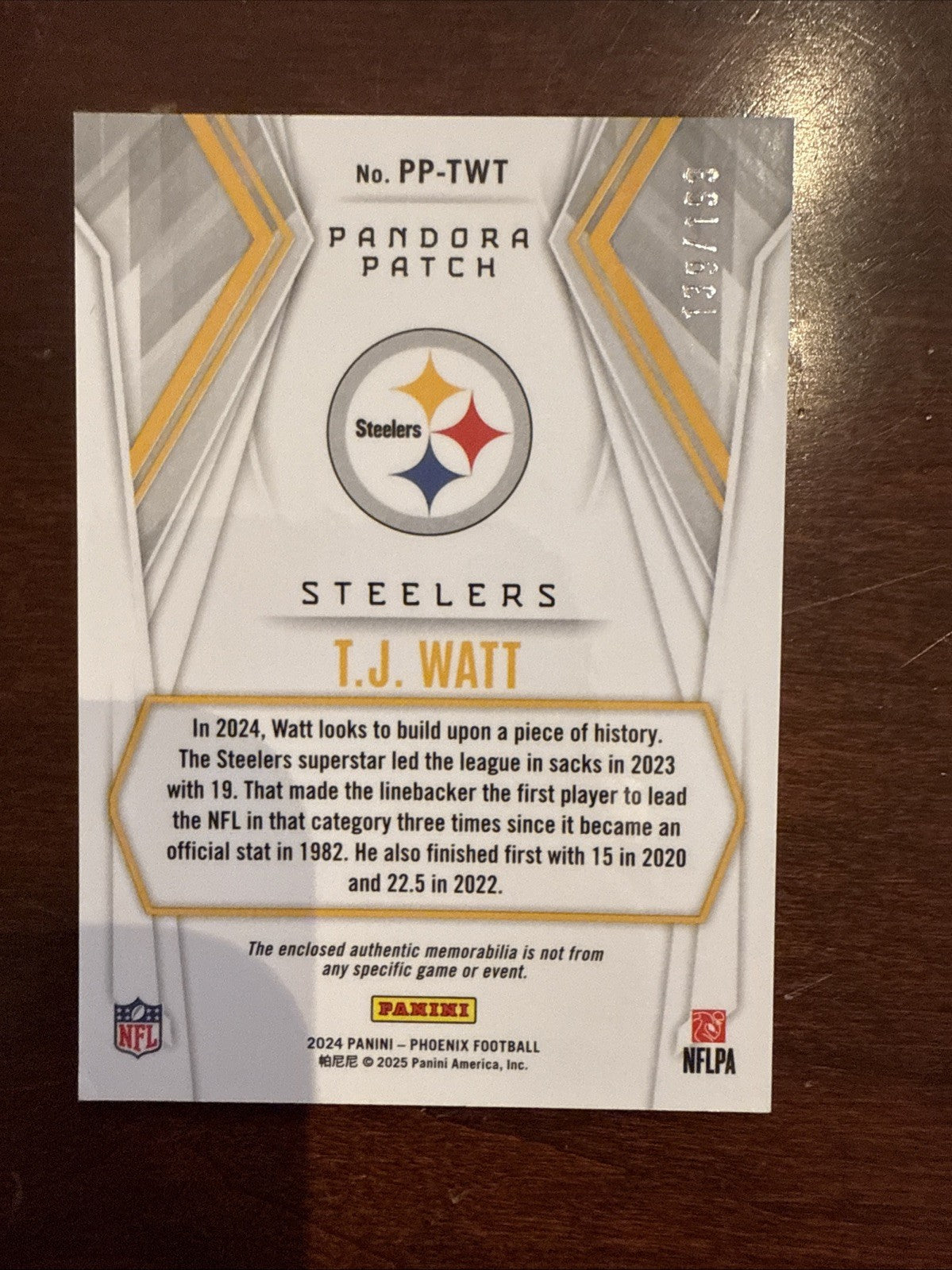 TJ WATT - Panini Phoenix PANDORA PATCH /199